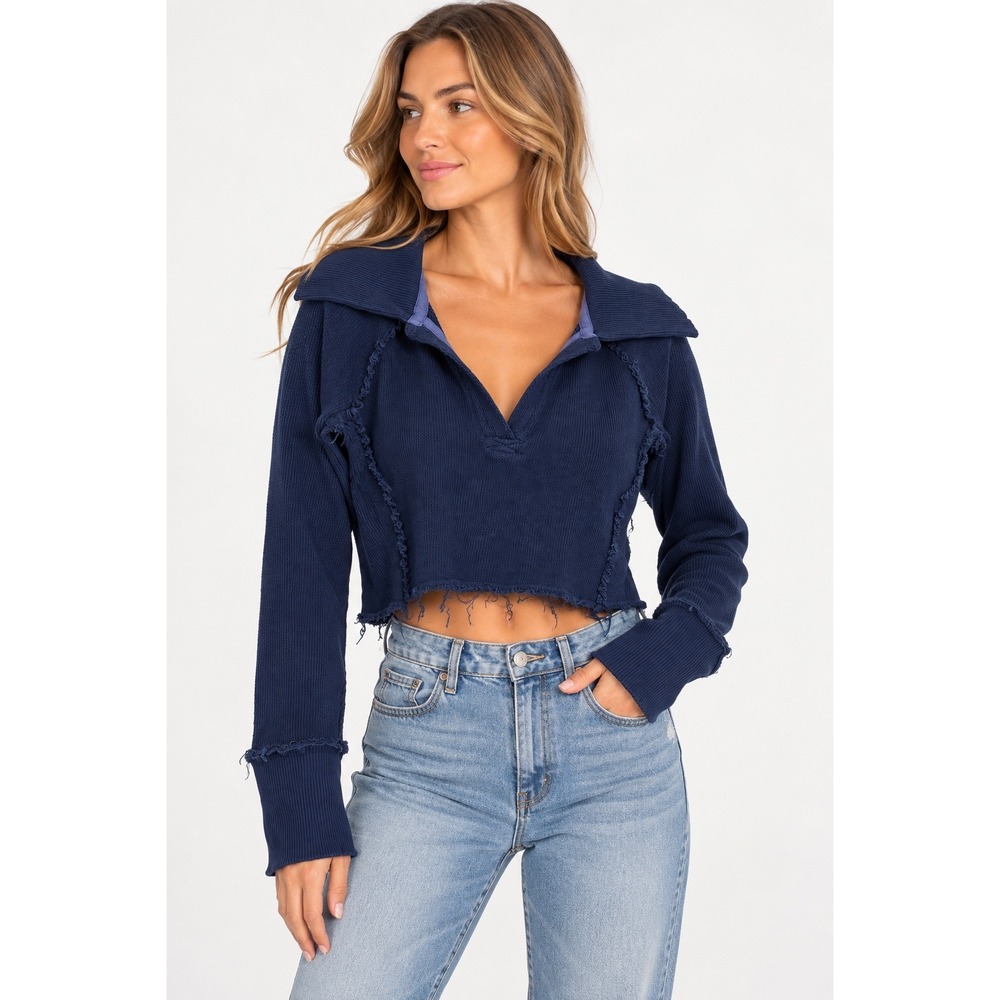 We The Free Free People Navy Blue Cropped Distressed V-Neck Sweater XS